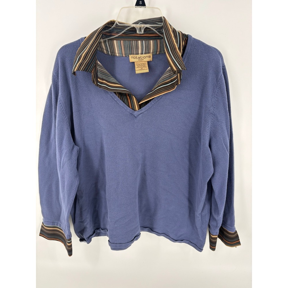Notations Woman 1X‎ Blue Long Sleeve V-Neck Pullover Sweater Striped Collar